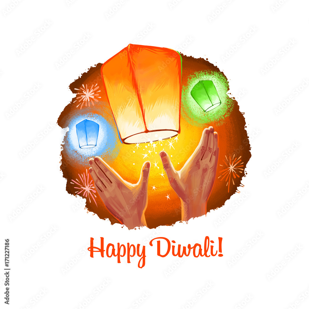 Happy Diwali digital art illustration isolated on white background. Hindus  festival of lights. Deepavali hand drawn graphic clip art drawing for web,  print. Hands sending burning paper lattern to sky Stock Illustration |