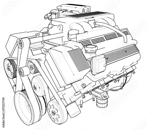 Powerful car engine. The engine is drawn with black lines on a white background.
