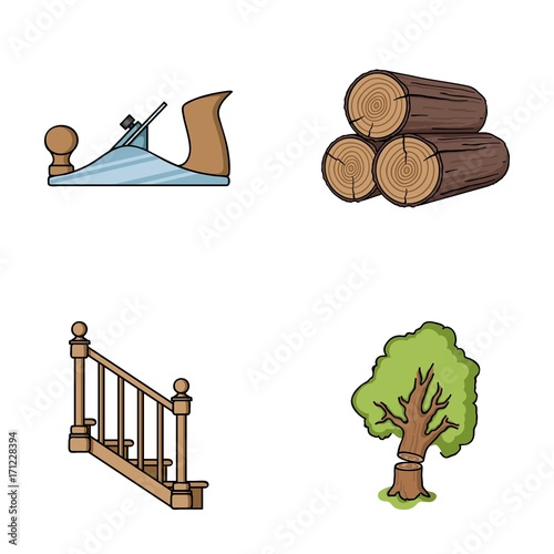 Logs in a stack, plane, tree, ladder with handrails. Sawmill and timber set collection icons in cartoon style vector symbol stock illustration web.