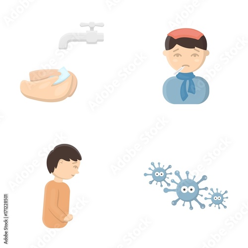 Under a tap with water wash their hands, the patient with a hot-water bottle with ice on his head in a scarf, a man has abdominal pain, viruses, microbes. Sick set collection icons in cartoon style