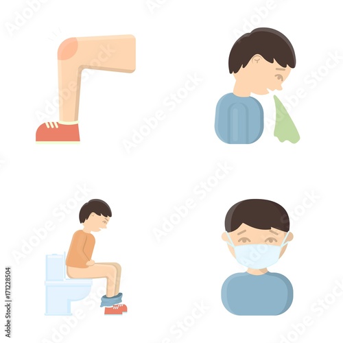 A foot with a bruise in the knee, sneezing sick, a man sitting on the toilet, a man in a medical mask. Sick set collection icons in cartoon style vector symbol stock illustration web.