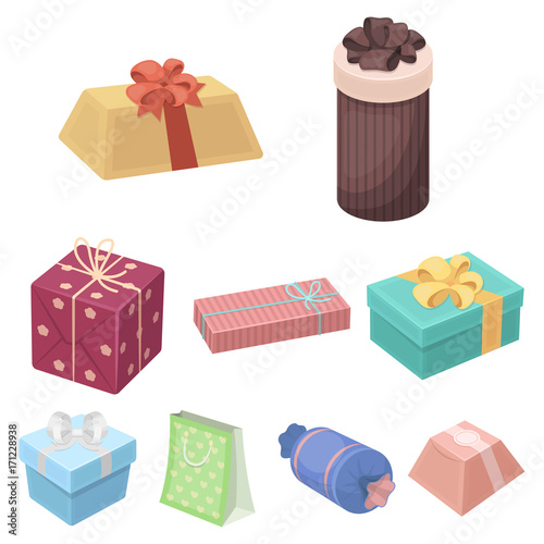 A set of pictures gifts. Gifts for different holidays, surprises. Gift packaging.Gifts and cert icon in set collection on cartoon style vector symbol stock illustration.