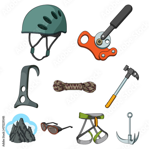 Ice ax, conquered top, mountains in the clouds and other equipment for mountaineering.Mountaineering set collection icons in cartoon style vector symbol stock illustration web.