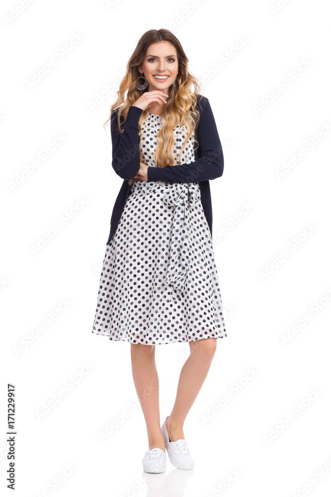 Beautiful Smiling Young Woman In Dress And Blue Cardigan Beautiful Smiling Young Woman In Dress And Blue Cardigan