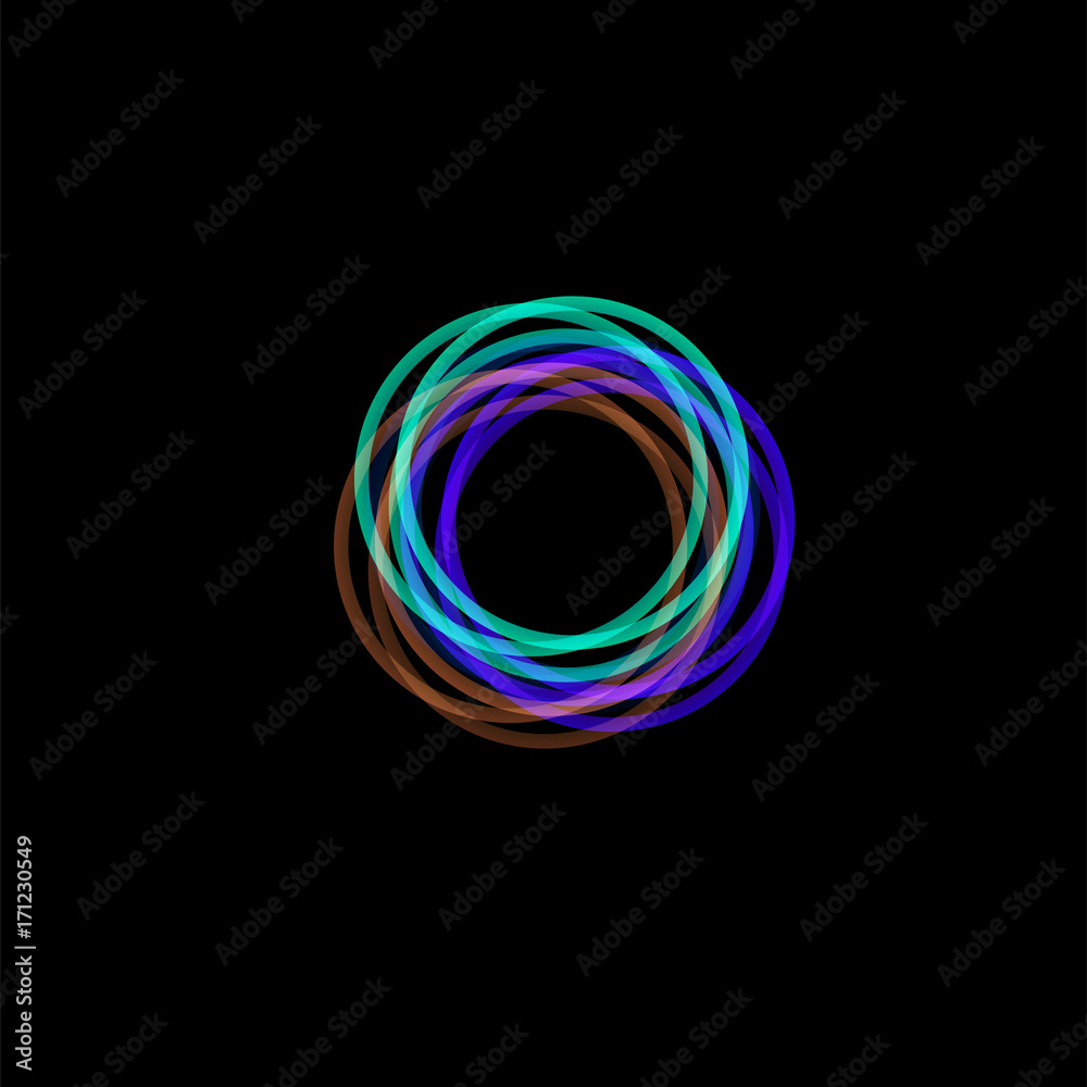Isolated funnel abstract logo, linear unusual shape, circular line logotype. Luminous hoops, rings, wheel graphic illustration on the black background. Isolated funnel abstract logo, linear unusual shape, circular line logotype. Luminous hoops, rings, wheel graphic illustration on the black background.