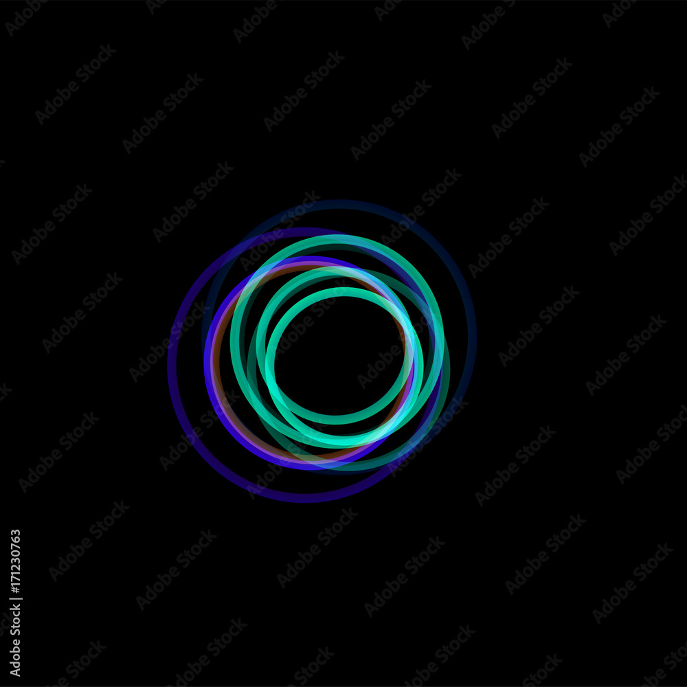 Isolated funnel abstract logo, linear unusual shape, circular line logotype. Luminous hoops, rings, wheel graphic illustration on the black background. Isolated funnel abstract logo, linear unusual shape, circular line logotype. Luminous hoops, rings, wheel graphic illustration on the black background.