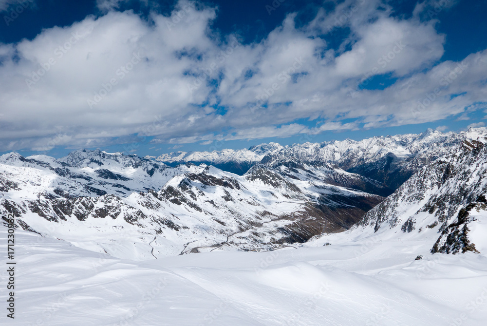Winter landscape of Alpine mountain range. Solden, Austria