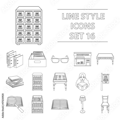 Library and bookstore set icons in outline style. Big collection of library and bookstore vector symbol stock illustration