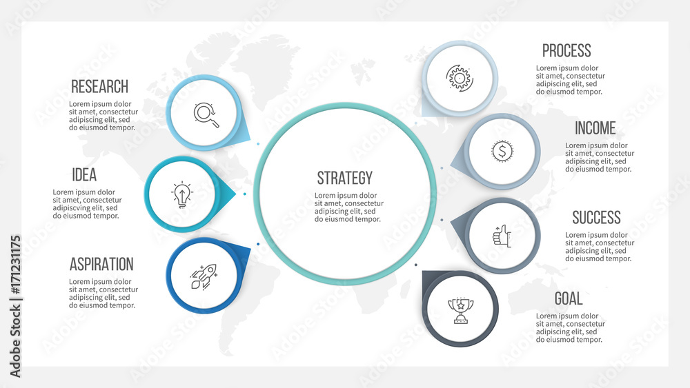 Fototapeta premium Business infographic. Organization chart with 7 options, arrows. Vector template.