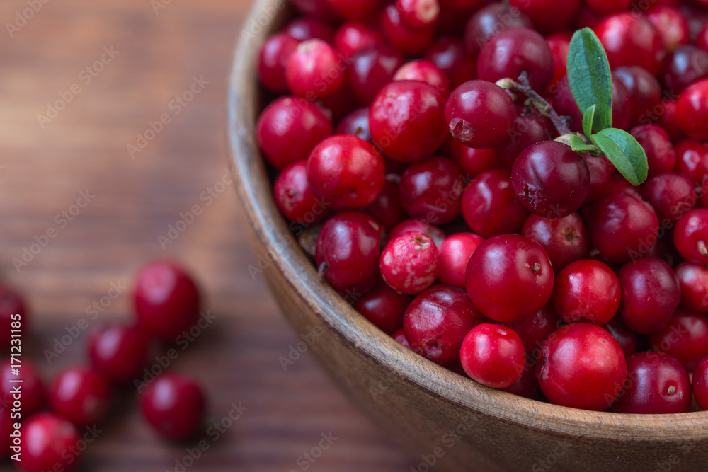 Cowberry, Grapeshot, Red Bilberry, Red Whortleberry,Mountain Cranberry,Lingonberry in bowl .Wooden background. Cowberry, Grapeshot, Red Bilberry, Red Whortleberry,Mountain Cranberry,Lingonberry in bowl .Wooden background.