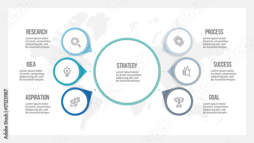 Business infographic. Organization chart with 6 options, arrows. Vector template.