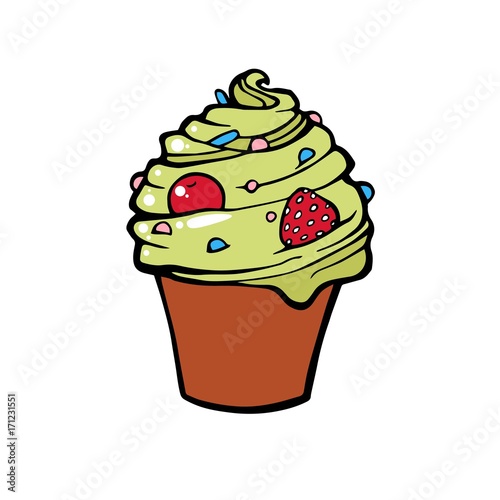 Ice cream dessert with caramel or chocolate. ice cream with nuts sweet vanilla whipped cream and fruit ice. Vector illustration  lines on a white background.