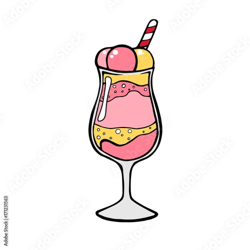 Ice cream dessert with caramel or chocolate. ice cream with nuts,sweet vanilla whipped cream and fruit ice. Vector illustration, lines on a white background. photo