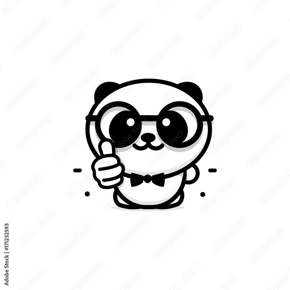 OK logo. Funny little cute panda showing gesture with hand, abstract symbol of approval and adoption. Vector thumbs up logo with the image of a Chinese black and white bear showing its consent