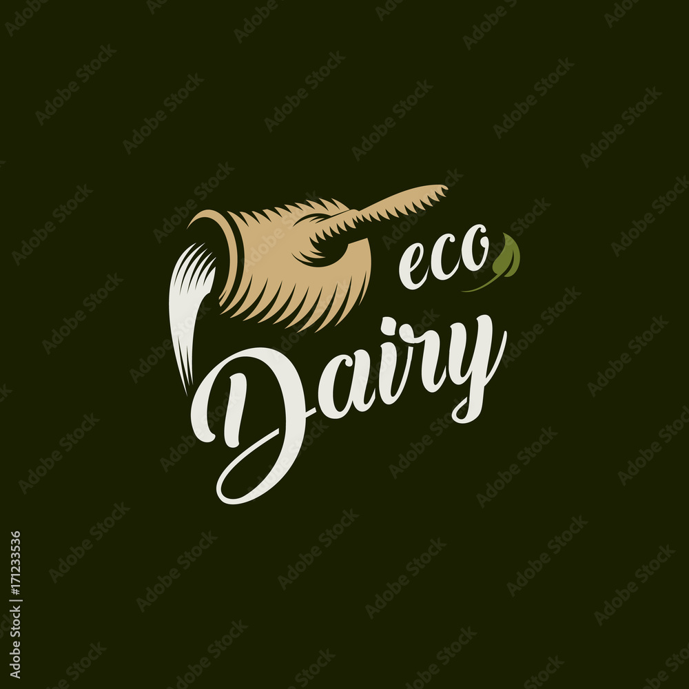 Eco dairy vector logo template. Milk product engraving emblem. Milk flows from a jug.