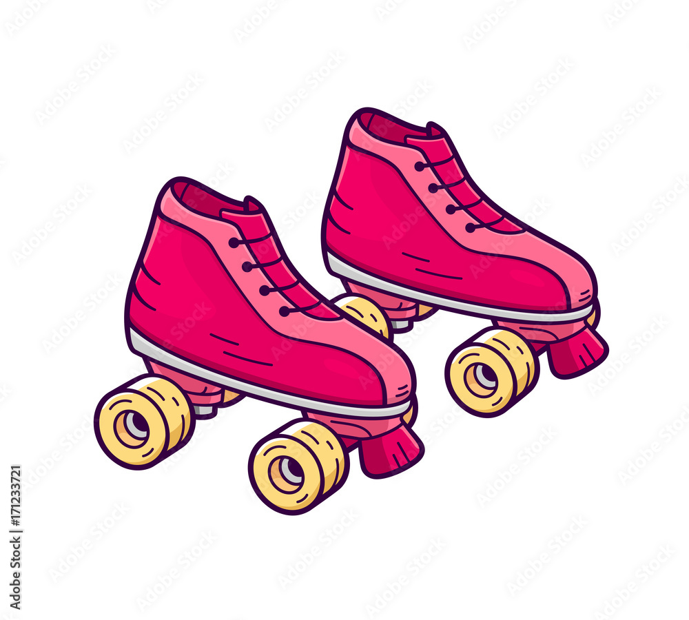 Vecteur Stock Retro quad roller skates icon isolated on white background.  Pink and yellow color girl rollers in flat cartoon style for t-shirt or  logo design | Adobe Stock