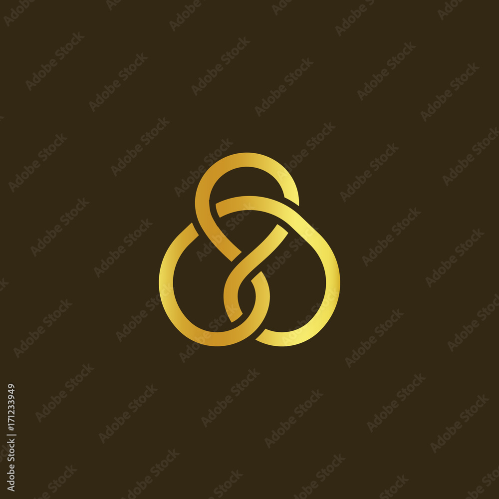Science technology symbol. Gold knot of gold thread. Simple labyrinth, celtic mascot. Isolated unusual infinity sign. Vector abstract logo on black background. Science technology symbol. Gold knot of gold thread. Simple labyrinth, celtic mascot. Isolated unusual infinity sign. Vector abstract logo on black background.