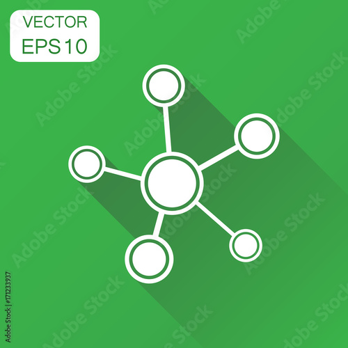 Social network, molecule, dna icon. Business concept molecule pictogram. Vector illustration on green background with long shadow.