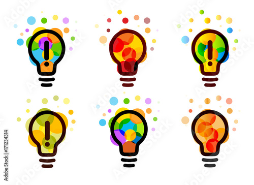 Lightbulb icon. Creative idea logos set design concept. Bright colorful circles, bubbles vector arts collection. Solution for inspiration sign.
