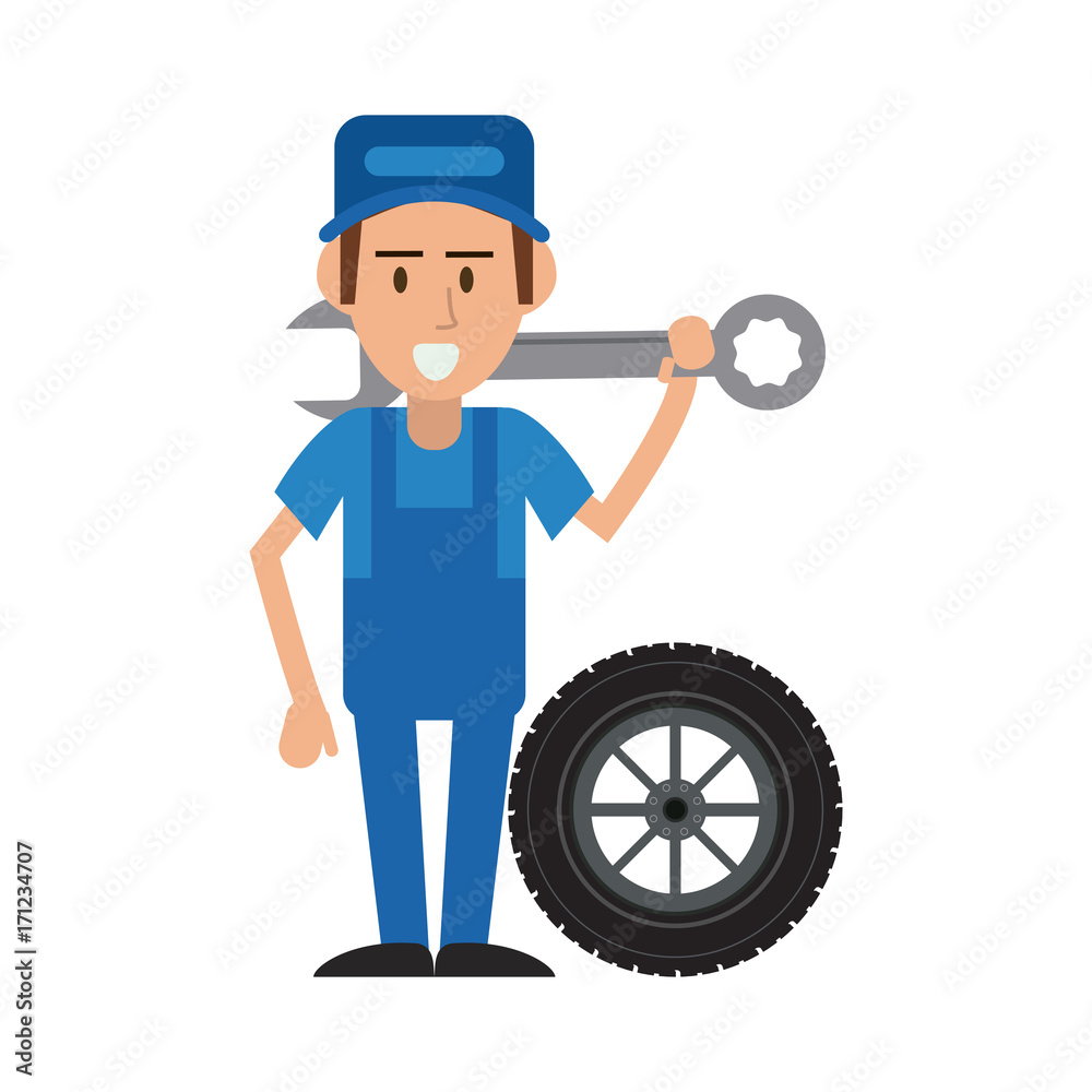 worker holding wrench and tire car workshop icon image vector illustration design 