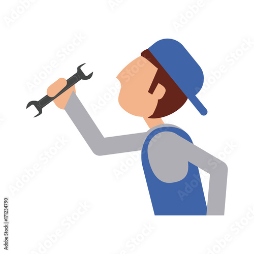 repair worker or handyman holding wrench sideview  icon image vector illustration design 