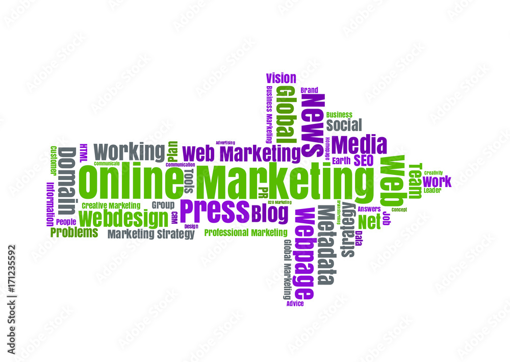Online Marketing word cloud shaped as a arrow Online Marketing word cloud shaped as a arrow