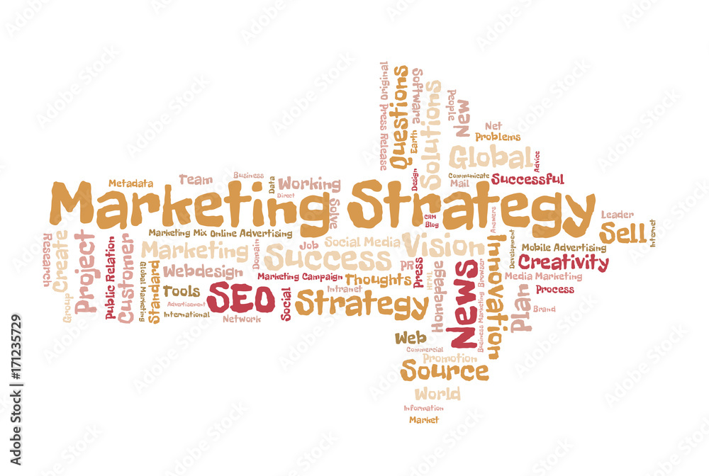 Marketing Strategy word cloud shaped as a arrow Marketing Strategy word cloud shaped as a arrow