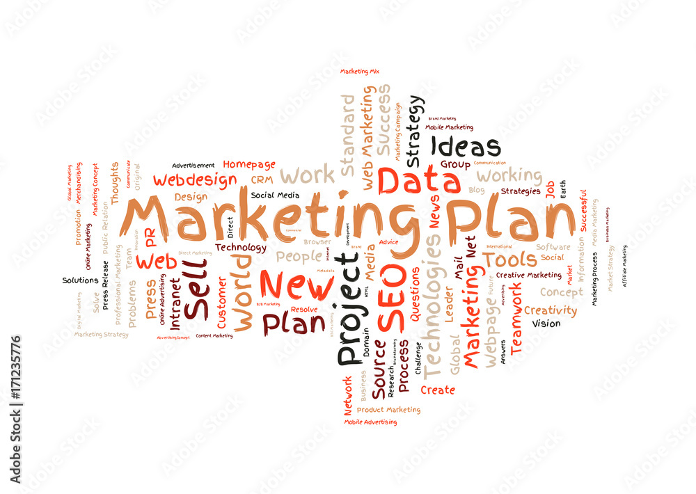 Marketing plan word cloud shaped as a arrow Marketing plan word cloud shaped as a arrow