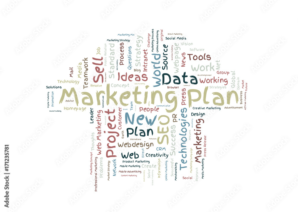 Marketing plan word cloud shaped as a arrow