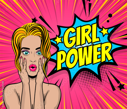 Beautiful sexy girl blonde hair wow oops face open mouth style pop art speech bubble girl power. Comics book retro halftone background. Vector advertise illustration. Comic text.