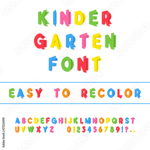 Kindergarten Font. Folded Paper Cut Sans Serif Typeface. Letters, Numbers, Punctuation Marks. Kids Latin Alphabet. Vector.