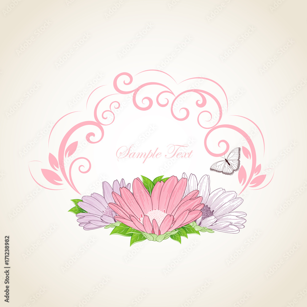 Floral frame with butterflies and flower chamomile. Element for design. Vector illustration.