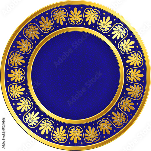 Golden round frame with traditional vintage Greek Meander pattern on the blue background for design template. Gold pattern for decorative tiles and plates Traditional vintage Golden round Greek