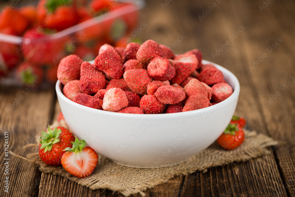 Portion of Strawberries (dried), selective focus Portion of Strawberries (dried), selective focus