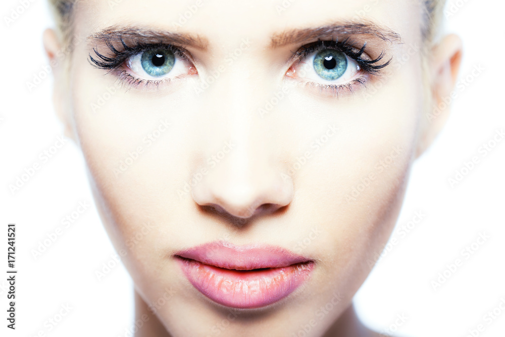 beautiful blond girl with blue eyes looking at camera, close up portrait beautiful blond girl with blue eyes looking at camera, close up portrait