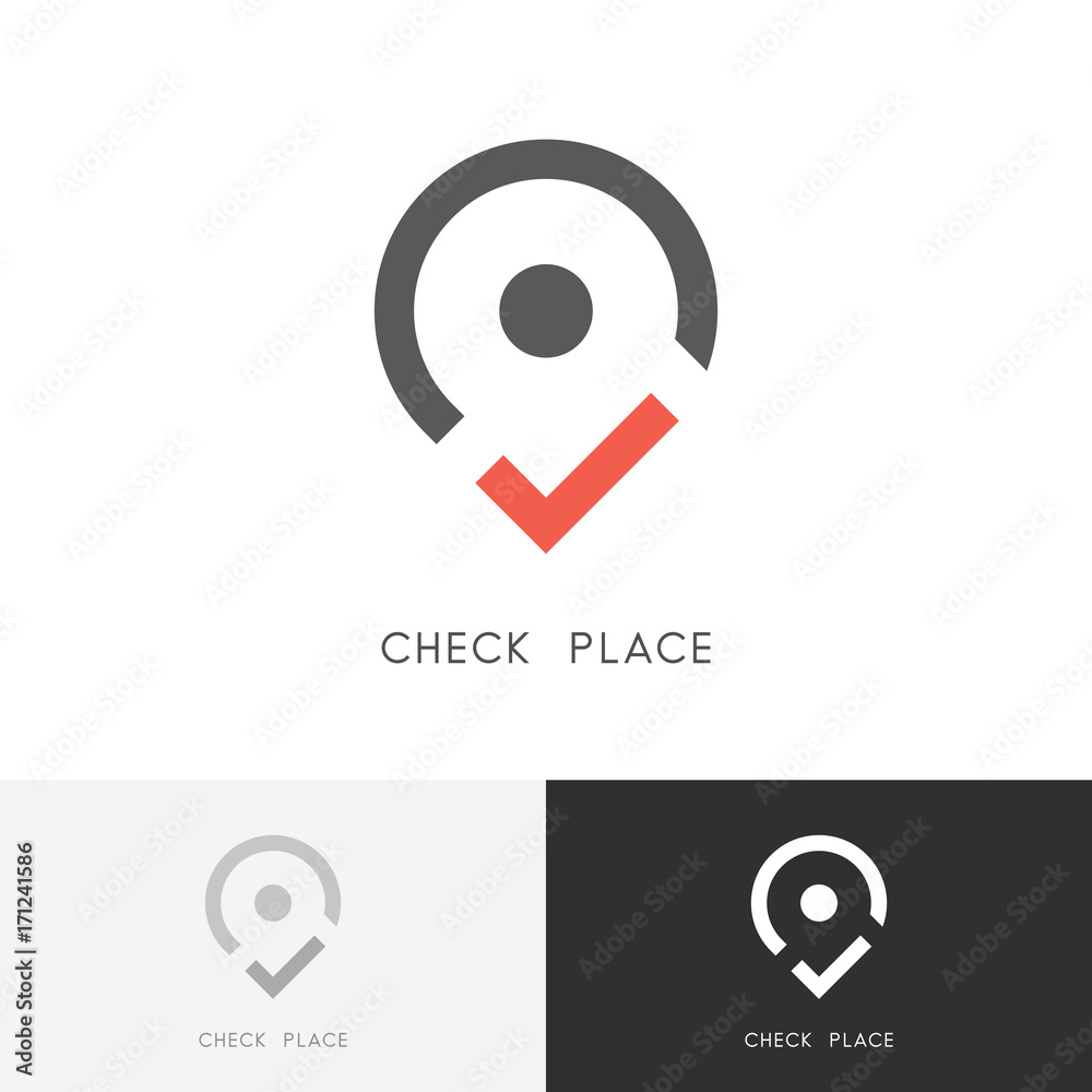 Check place logo - red tick mark and address pointer symbol. Position, location and destination vector icon. Check place logo - red tick mark and address pointer symbol. Position, location and destination vector icon.