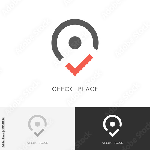 Check place logo - red tick mark and address pointer symbol. Position, location and destination vector icon.
