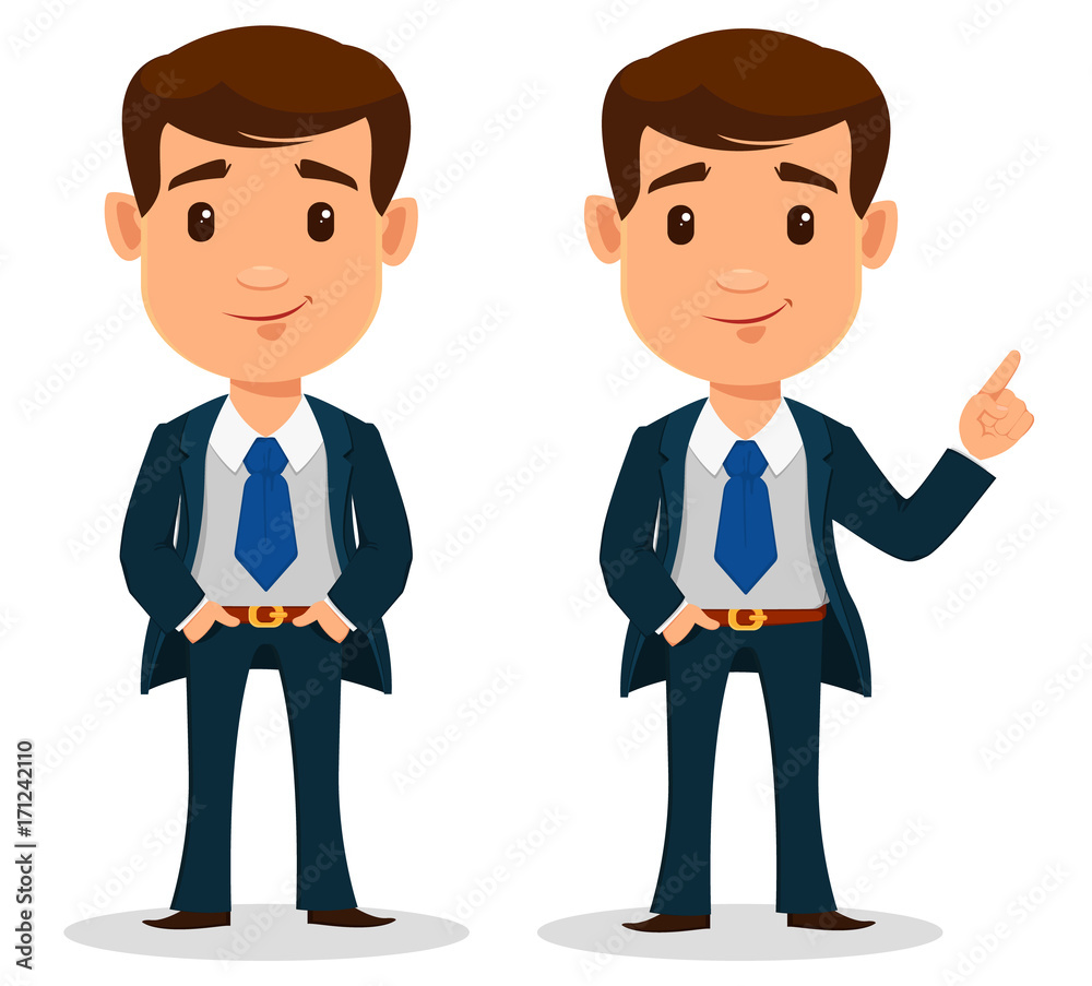 Business man cartoon character in smart clothes, office style. Young  handsome businessman in suit standing straight and showing something. Stock  Vector | Adobe Stock