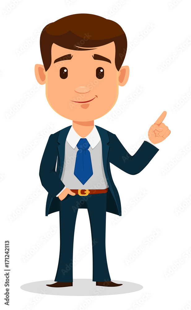 Business man cartoon character in smart clothes, office style. Young handsome businessman in suit showing something.
