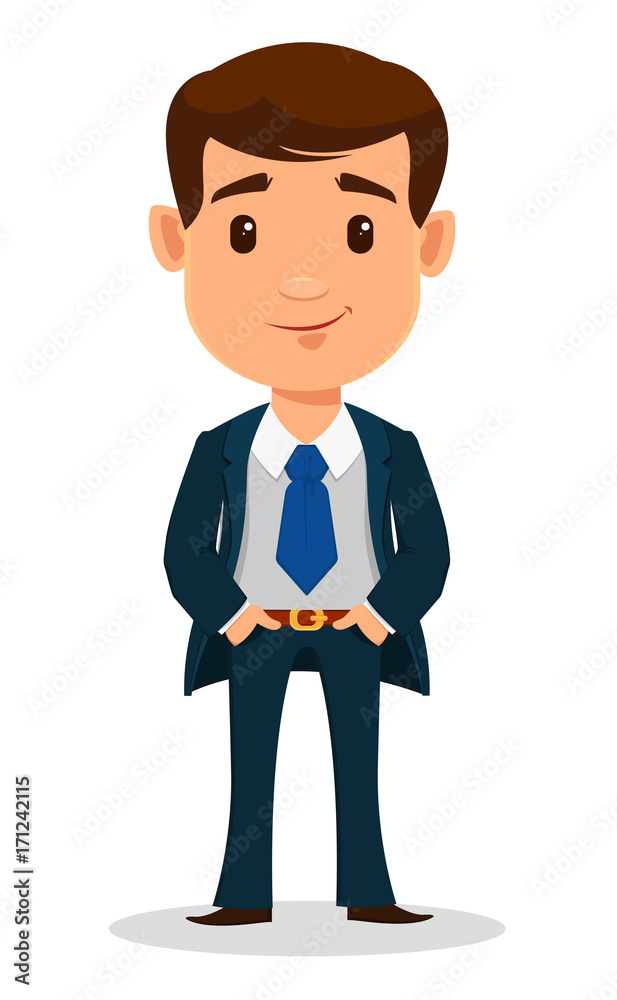 Business man cartoon character in smart clothes, office style. Young  handsome businessman in suit standing with hands in pockets. Stock Vector |  Adobe Stock