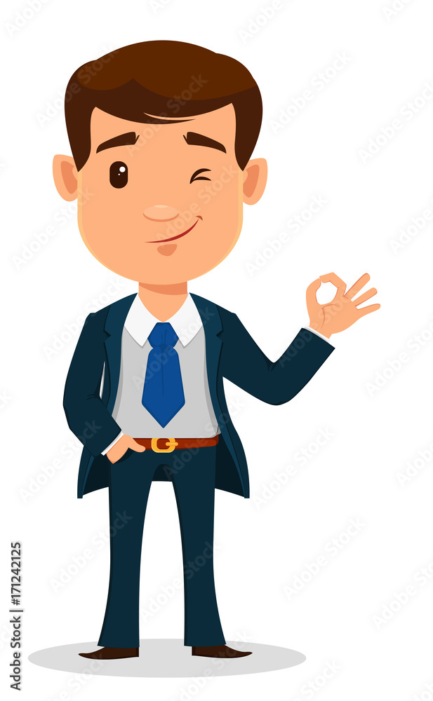 Business man cartoon character in smart clothes, office style. Young handsome businessman in suit showing OK sign.