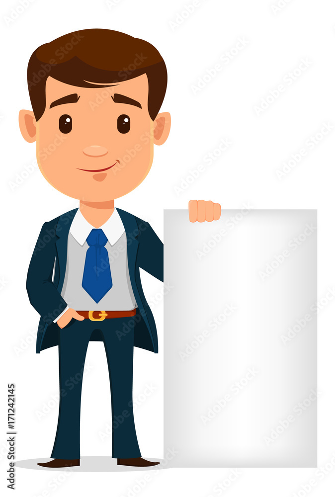 Young handsome businessman in suit standing near blank placard. Young handsome businessman in suit standing near blank placard.