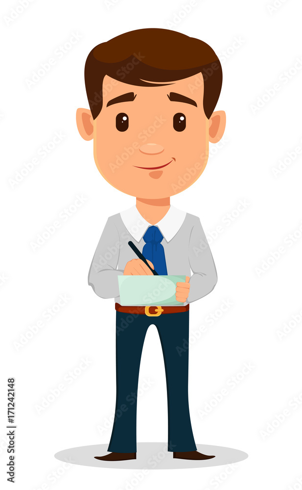 Business man cartoon character in smart clothes, office style. Young handsome businessman whiting something to his notepad.