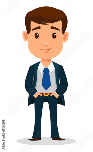 Business man cartoon character in smart clothes, office style. Young handsome businessman in suit standing with hands in pockets.