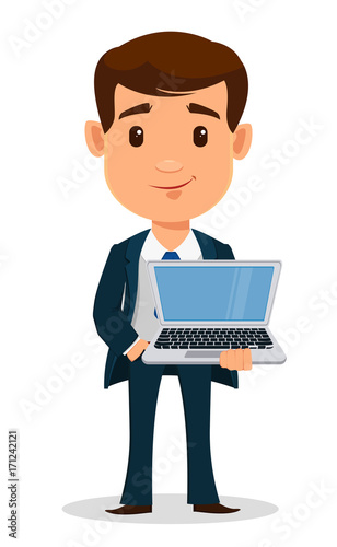 Business man cartoon character in smart clothes, office style. Young handsome businessman in suit holding laptop.