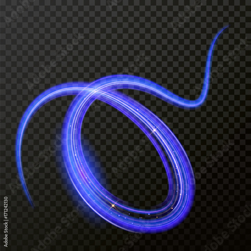 Light line neon blue swirl effect. Vector glitter light fire flare trace