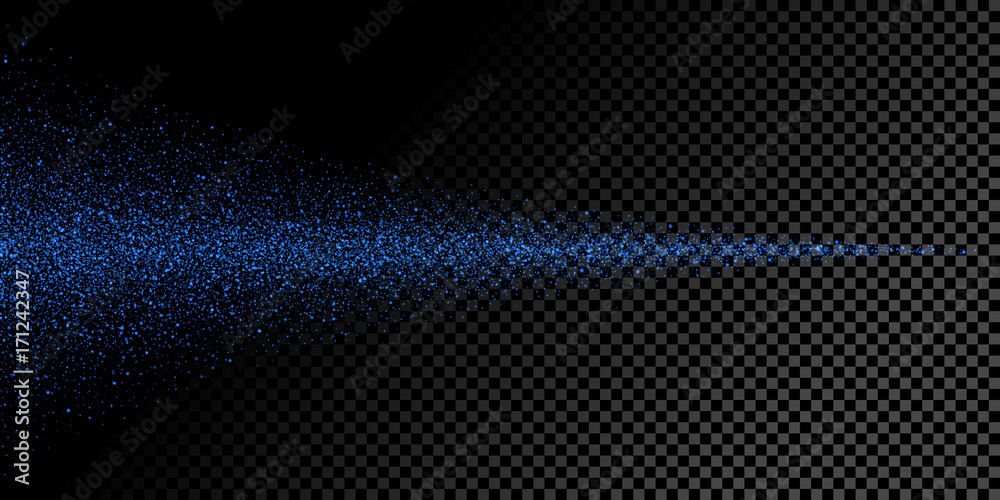Light particles dispersion of neon blue glitter spray on vector transparent background