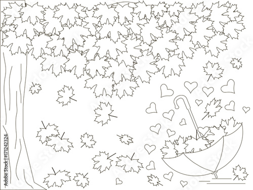 Monochrome romantic background with maple tree, inverted umbrella, hearts, falling maple leaves coloring book anti stress stock vector illustration
