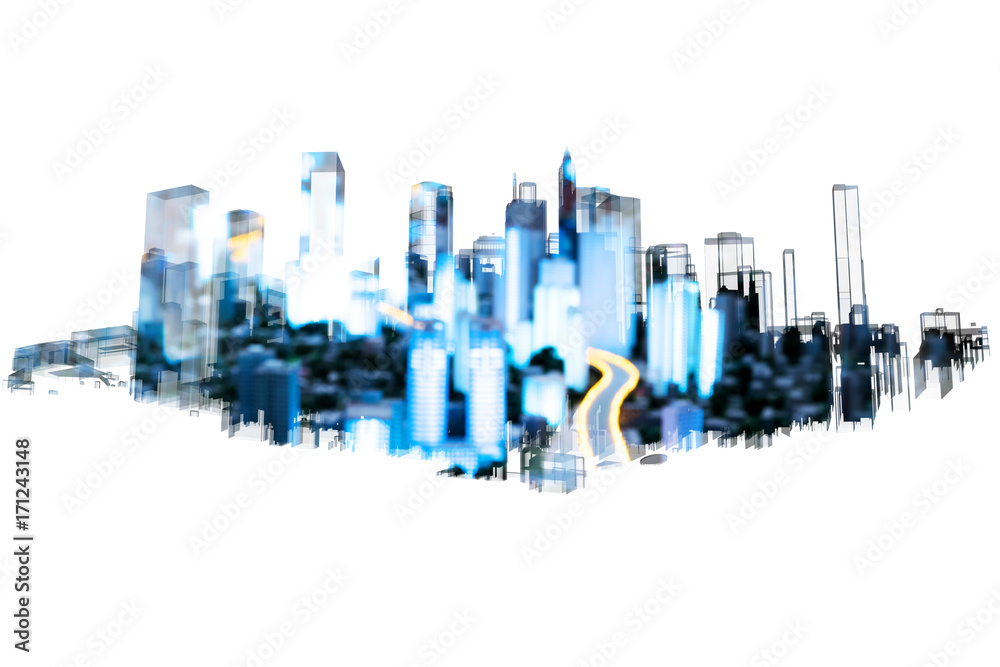 Power grid , smart city energy , electric Energy Distribution chain industry technology concept.  3D rendering of building and blur city bokeh with white background.