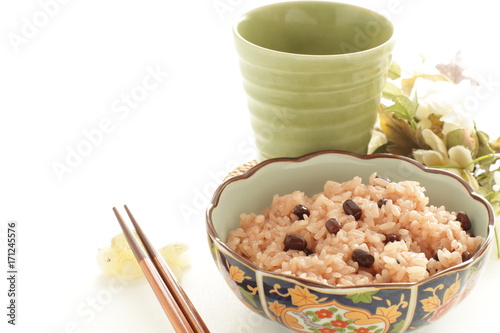 Japanese red bean sticy rice Okowan with tea photo